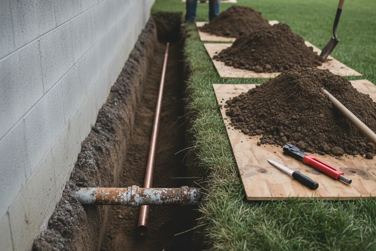 Excavated water line trench during Sewer Line Repair in Mesquite